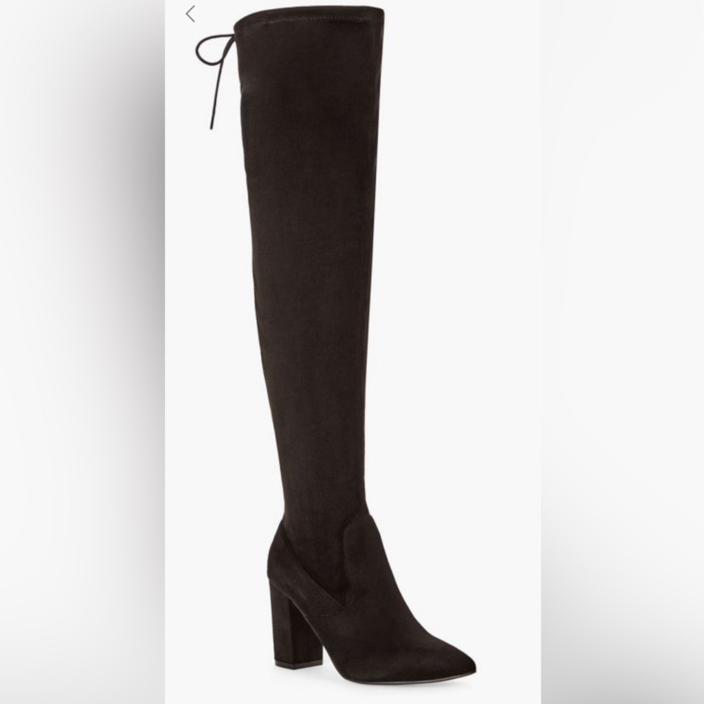 JustFab faux suede over-the-knee boots w/ tie. 3.4” heel